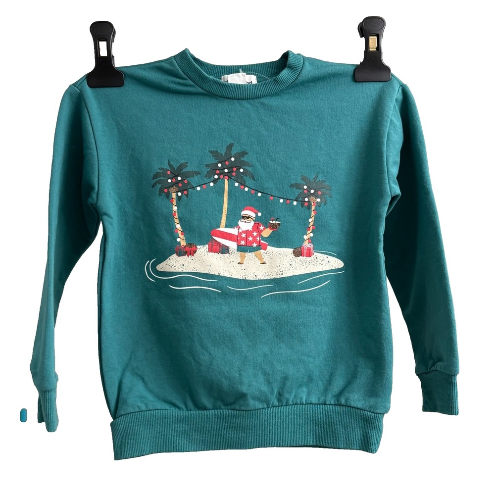 Miles the Label Kids' Hawaiian Santa Print Fleece Sweatshirt Teal Unisex Size 3Y